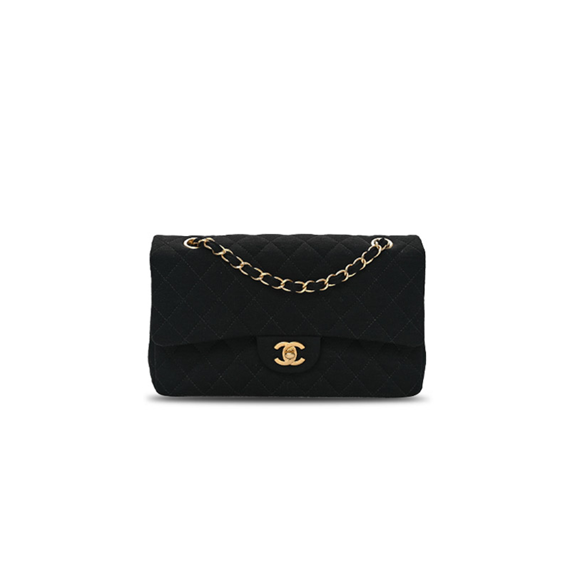 CHANEL JERSEY QUILTED MEDIUM DOUBLE FLAP BLACK  (25*17*7cm)